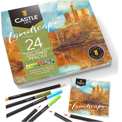 Castle Art Supplies Castle Arts Themed 24 Colored Pencil Set in Tin Box, perfect colors for ‘Landscapes’. Featuring quality, smooth colored cores, superior blending & layering performance achieving great results