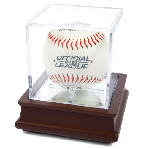 DECOMIL - UV Single Baseball Display Case , Holder - UV Protection Acrylic Cube with Wooden Stand Cherry Finish