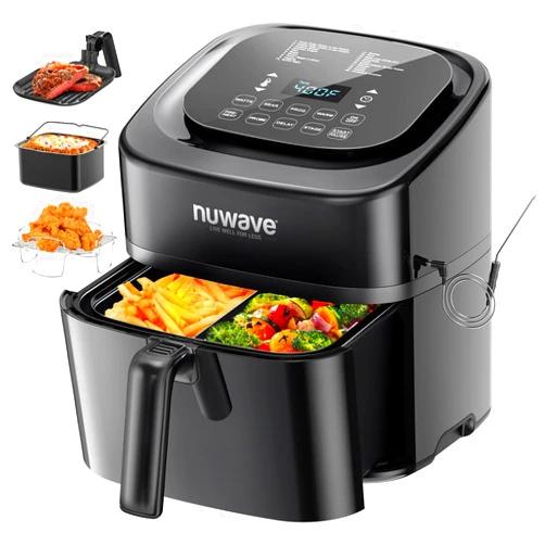 Nuwave Brio 10-in-1 Air Fryer, 6 QT Airfryer Capacity with Smart Probe, Roast Grill Bake for Fast Meals, One-Touch Digital Controls, Powerful 1800W Fryer, 100 Recipes, Removable Divider & Grill Pan