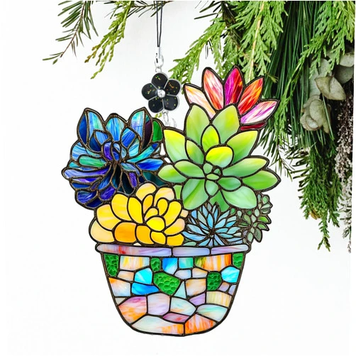 MIDEFINCH Succulent Plant Pot Stained Glass Style Ornament, Acrylic Window Hanging Suncatcher Decoration, Colorful Cactus and Succulents Decor for Christmas Tree, Garden, Gift for Women Mom Birthday Holiday