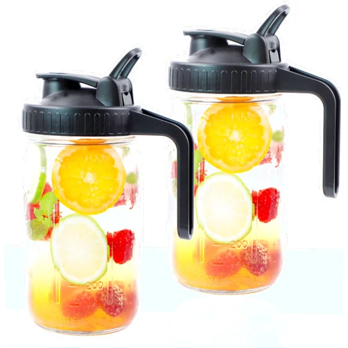 GMSWEET Mason Jar Pitcher With Pour Spout Lid (2 Pack) 32 Oz Wide Mouth Glass Pitcher With Handle And Flip Cap Lid 1 Quart Airtight Leak Proof Water Pitcher For Iced Drinks, Iced Coffee, Milk, Lemonade