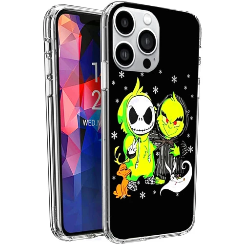 URJWAN Phone Case Cover Compatible with iPhone Jack Skellington and Grinch Slim The Nightmare Clear Before Soft TPU Christmas for 15 Pro Max Transparent Silicone