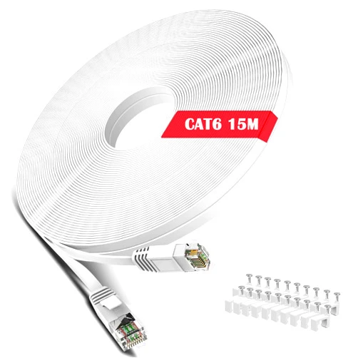 WISCENT Cat 6 Ethernet Cable 50 ft White - Flat Internet Network LAN Patch Cords – Solid Cat6 High Speed Computer Wire with Clips& Snagless Rj45 Connectors for Modem, Router – 50 feet