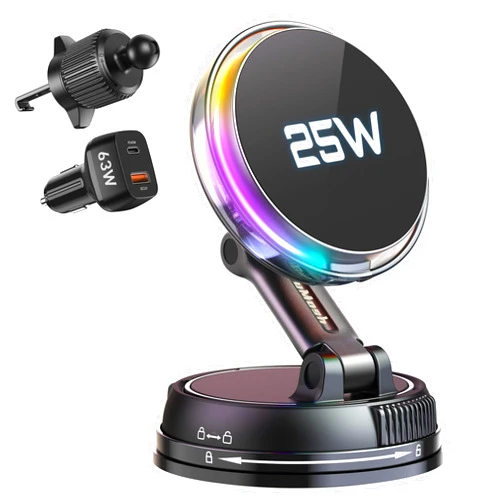 GuMosh Qi2.2 25W MagSafe Car Mount Charger, [Phone Cooling Fan＆RGB Lights] Wireless Car Charger with 78+LBS Vacuum Suction, 360°Rotatable Magnetic Car Phone Holder with 63w Adaper for iPhone 17-12 Series