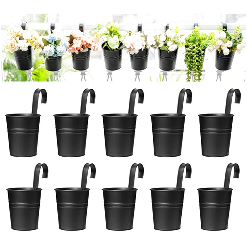 Dahey 10 Pcs Hanging Flower Pots Metal Iron Bucket Planter for Railing Fence Balcony Garden Home Decoration Flower Holders with Detachable Hooks, Black, 4 Inches