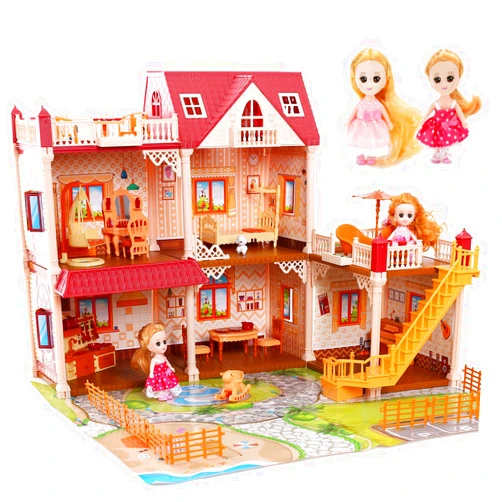 CUTE STONE Doll House for Girls, DIY 5-Room Dollhouse Playset wirh Furniture and Accessories, Dream Gift for Kids