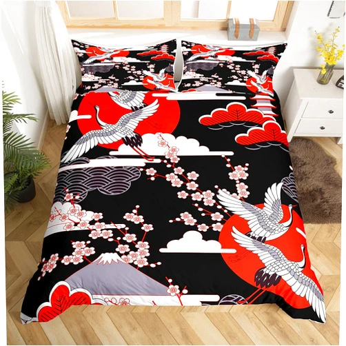 Erosebridal Crane Duvet Cover King Size Japanese-Style Bedding Set Cherry Blossoms Pattern Adult Women Girls Comforter Cover 3 Pieces Japanese Traditional Pattern Decor Comforter Set with Zipper Ties