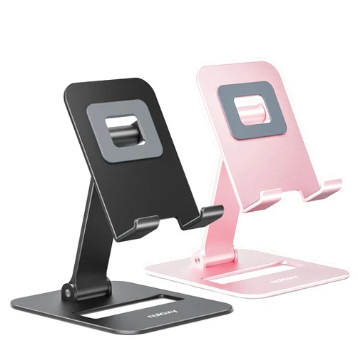Nulaxy 2 Pack Dual Folding Cell Phone Stand, Fully Adjustable Phone Holder for Desk, Compatible with iPhone 16 15 14 13 12 11, Nintendo Switch, All Phones, Black & Rose Gold