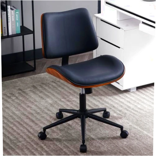 ESTRUCO Armless Home Office Chair Modern Walnut Chair with Wheels Mid Back Swivel Computer Chair No arm Adjustable Height Leather Desk Chair for Reading,Meeting Room (Pure Black)