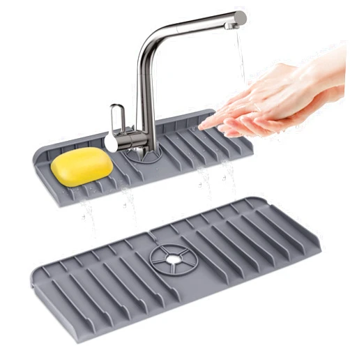 AEOOZGR Kitchen Sink Splash Guard, Silicone Sink Faucet Mat, Sink Draining Pad Behind Faucet, 14.5” x 5.4” Kitchen Sink Accessories, Faucet Absorbent Mat, Bathroom Faucet Water Catcher Mat (Grey)