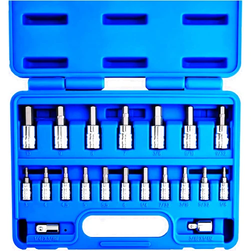 NEIKO 01150A SAE and Metric Hex Bit Socket Set | 20 Pieces | SAE 1/8” – 3/8” | Metric 3mm – 10mm | Two Socket Adapters 1/4
