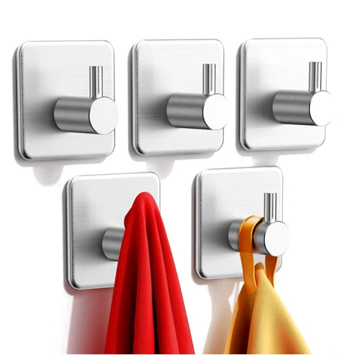 Auxmir Adhesive Hooks Heavy Duty 22lb(Max) Wall Hooks, 5 Pack Self Adhesive Damage Free Utility Hooks Stainless Steel for Towel Coat Robe, Waterproof Oilproof Rustproof for Bathroom Shower Kitchen