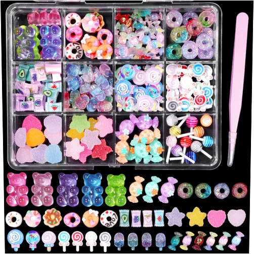 Anower 3D Candy Lollipop Bears Nail Charms, Mix Assorted Colorful Donut Ice Cream Sweet Cute Nail Charms Star Heart Colors Candy Nail Art Charms for Nail Art DIY Crafts Accessories with Pickup Tools
