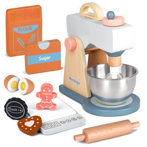 Medoga Play Kitchen Accessories Wooden Mixer Set Pretend Play Food Sets for Kids Role Play Toys for Girls and Boys (Mixer Set)