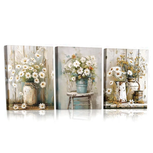 MotiMind 3 Pcs Rustic Flower Pictures Wall Decor Farmhouse Bathroom Decor Vintage Floral Canvas Country Picture Prints Spring Summer for Room Bedroom 9.84x7.87in(Daisy)