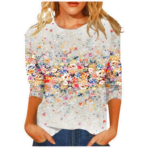 Generic 3/4 Length Sleeve Womens Tops Slim Fit Shirts Dressy Casual Blouses Floral Print Cute Sweatshirts Crewneck Clothes