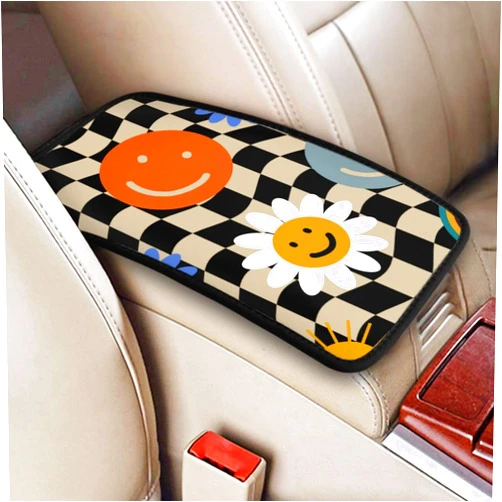 Indokyeyqaz Universal Car Center Console Cushion Pad, Smiley Flowers Soft Waterproof Car Center Console Cover Auto Armrest Seat Box Cover Protector for Most Vehicle SUV Truck Car