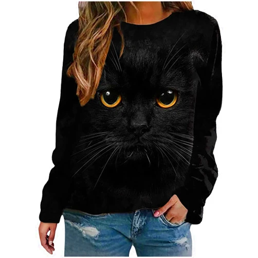 NaRHbrg Women's Tunic Tops 3D Cat Cute Graphic Blouses Teen Girls Long Sleeve Shirts Blouse for Cat Lovers Pullover Tee