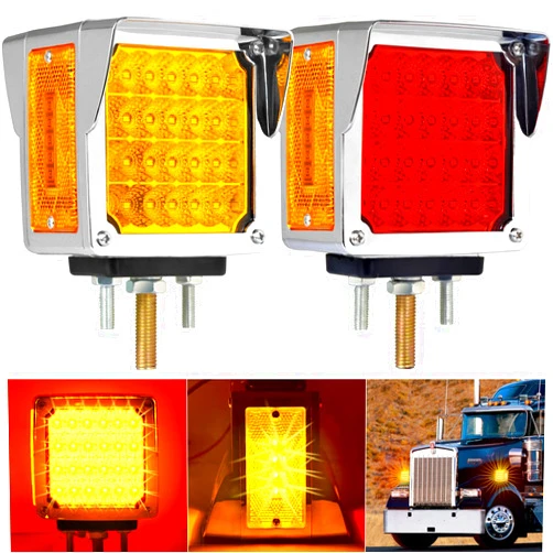BukNikis Turn Signal Lights for Truck Trailer, 2 PCS Amber/Red Double Face 60 LEDs Chrome Visor Trailer Fenders Marker Stop Tail Lights for Peterbilt Kenworth Freightliner Mack Western Star