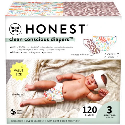 The Honest Company Clean Conscious Diapers | Plant-Based, Sustainable | Wild Thang + Flower Power | Super Club Box, Size 3 (16-28 lbs), 120 Count