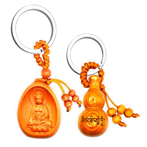 FAZOVIN Buddha Keychain with a Feng Shui Wu Lou Lucky Charm Protection Amulet Make of Peachwood