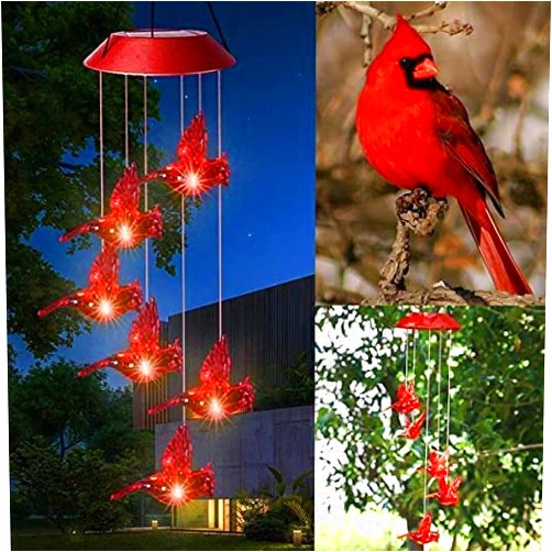 Milcraft Solar Cardinal Red Bird Wind Chime, Solar-Powered Mobile Hanging Patio Lights with 6 Vivid Hummingbirds，Multi-Color Changing LED Garden Decoration for Home Party Night Garden Decoration