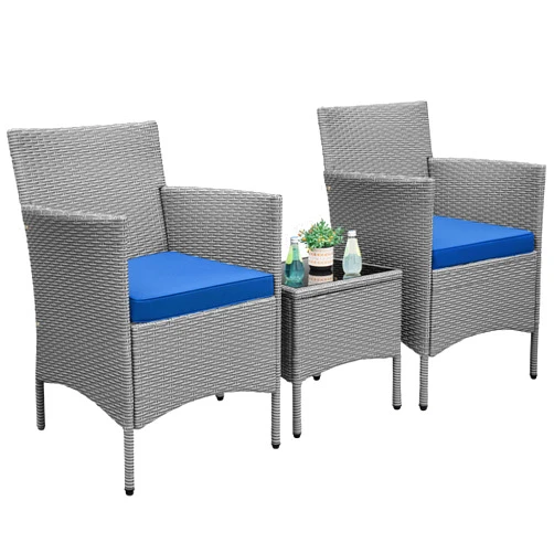 Yaheetech 3 Pieces Patio Porch Furniture Set, Outdoor PE Rattan Wicker Conversation Set with Soft Cushions, Glass Coffee Table & 2 Chairs for Garden/Deck/Courtyard/Poolside, Gray/Dark Blue