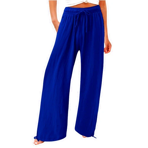 Generic Cotton Linen Pants for Women 2024 Wide Leg Trousers Elastic Drawstring High Waist Casual Loose Palazzo Pants with Pocket