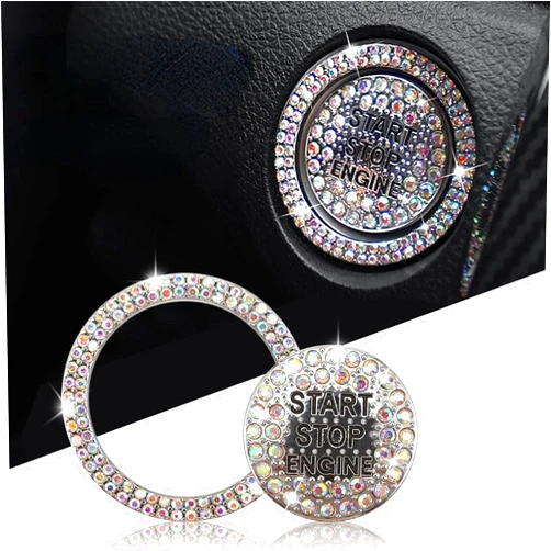 UZZH 2 PCS Bling Car Engine Start Stop Button Crystal Cover, Bling Rhinestone Start Push Decorative Decals for Women, Car Interior Accessories Key Ignition Starter Sticker and Knob Ring (Colorful)