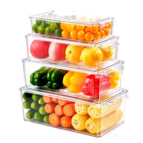 Luckore 4 Piece Refrigerator Organizer Bins | Clear Fridge Organizers and Storage | Fridge Organizers | Stackable with Lids | Food Storage Containers | Fruit, Vegetable, Drinks, Cereals