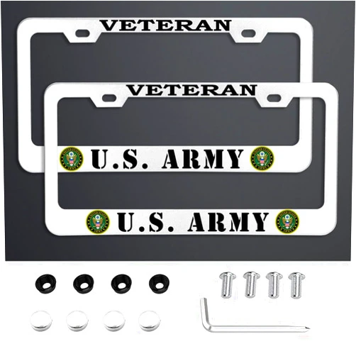 HIBUFAN 2Pcs License Plate Frames for U.S. Army Veteran,2 Holes Aluminum Silver Car Licenses Plate Covers Holders for United States Army Retired with Screw Caps