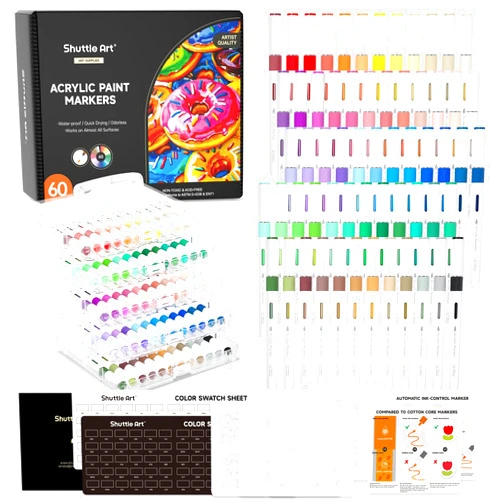 Shuttle Art Automatic Ink Control Acrylic Paint Markers, 60 Colors Brush Tip Acrylic Paint Pens for Rock Painting, Ceramic, Wood, Canvas, Glass, Stone, Fabric, Card Making, DIY & Art Supplies