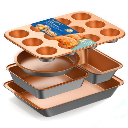 Wokic 5-Piece Nonstick Bakeware Set, Baking Pans Set with Round Cake Pan, Square Cake Pan, Loaf Pan, Muffin Pan & Roasting Pan, Baking Sheet Set Dishwasher Safe Easy Clean for Oven Safe