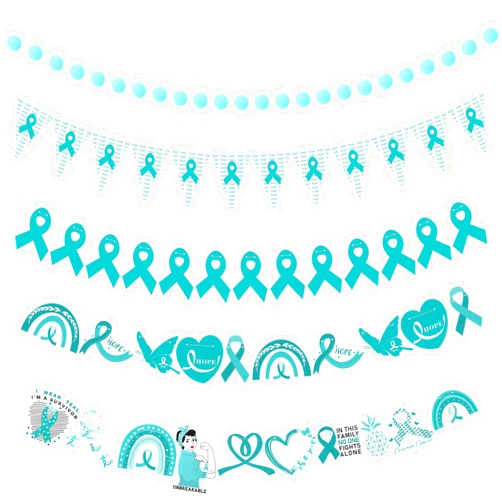 Tudomro 5 Pcs Teal Ribbon Ovarian Cancer Awareness Pennant Banner Ovarian Cancer Ribbon Decorations Cervical Cancer Awareness Bunting Banner Party Supply
