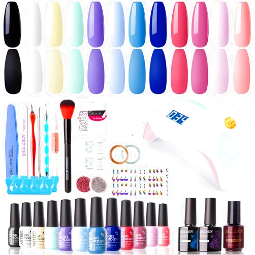 Gellen Gel Nail Polish Starter Kit with U V Light - 12 Colors Solid Black White Pink Blue Gel Polish with 72W Nail Lamp, Top Base Coat Nail Tools Gel Nail Polish Kit, Nail Gel All-In-One Manicure Set