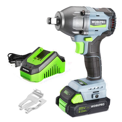 WORKPRO 20V Cordless Impact Wrench 1/2 in, Brushless Impact Gun with Battery and Charger, High Torque 370 ft-lbs (500N.m), LED Work Light and Belt Clip Included
