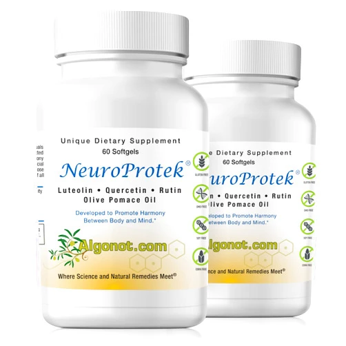 Algonot NeuroProtek® 2 pack: The only liposomal luteolin product using olive pomace oil.– A Unique, Patented, All-Natural Oral Dietary Supplement in a Soft Gel which May Promote Harmony Between Body and Mind.
