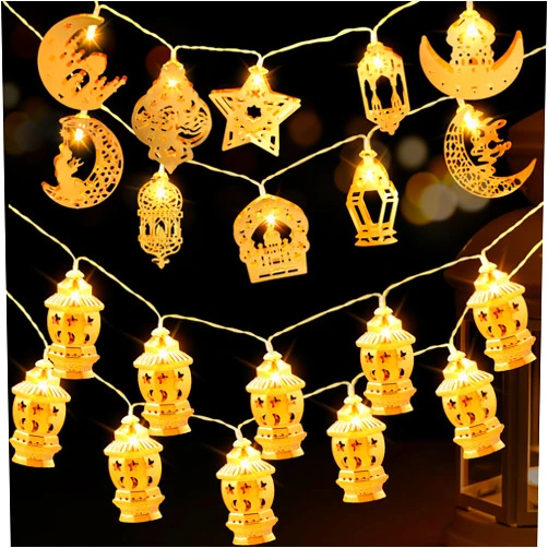 ANPHSIN 2pcs Ramadan Eid String Light, 20 LEDs Total Mubarak Decoration Light, Muslim Moon Star Ornaments, Kerosene Lantern String Decor for Islamic Indoor Outdoor Home Garden Party Supplies 5.4 ft