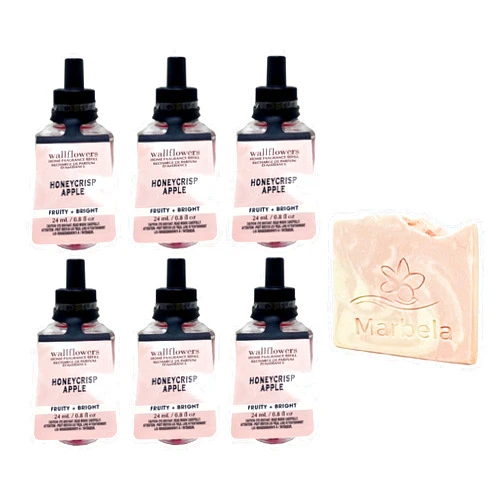 Bath & Body Works Honeycrisp-Apple 6 Pack Wallflowers Fragrance Refill Set with a Himalayan Salts Springs Sample Soap