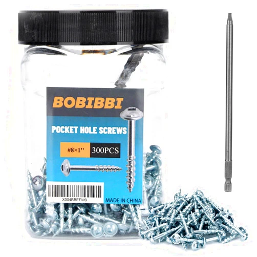 Bobibbi Pocket Hole Screws #8x1 Zinc, Coarse Thread Wood Screws 300Pcs, Washer Head with Square Drive, 150MM Drive Bit Included