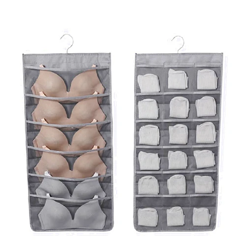 OKUZIEKY Hanging Closet Organizer and Storage,Space Saving Storage Pocket Bag Dual-Sided for Bra,Underwear, Jewelry,Stockings,Panties,Socks (Gray(6+18) pockets)