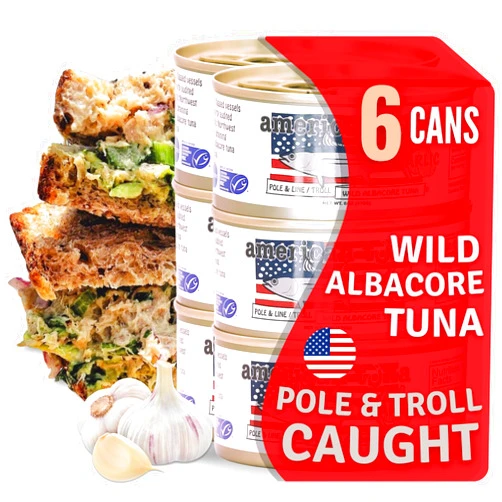 American Tuna Wild Albacore Tuna Fish by American Tuna - with Garlic, MSC Certified, Sustainably Troll Caught Fish - 6 oz Cans | Pack of 6 | Premium Canned Tuna for Health and Flavor Enthusiasts!