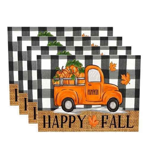 ONFAON Fall Decorations for Home, Fall Placemats Set of 4,Buffalo Plaid Autumn Pumpkins Truck Table Dinner Mats for Autumn Farmhouse Home Kitchen Decor, 12 x 18 Inch CZD02