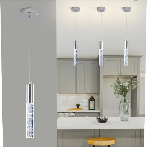 Upfelw Modern Pendant Lighting for Kitchen Island, Mini Bubble Crystal Pendant Light Fixture, Polished Chrome LED Dining Room Bedside Small Hanging Chandelier, 6000K White Light