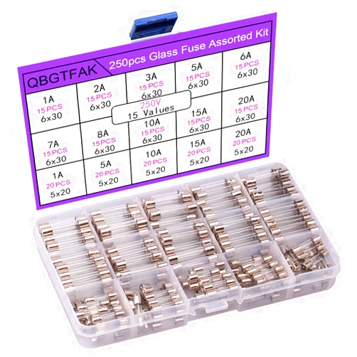 QBGTFAK 250pcs Quick Blow Glass Tube Fuse Assorted Kit 250V 1A, 2A, 3A, 5A, 6A, 7A, 8A, 10A, 15A,20A, 6x30mm, 250V 1A, 5A, 10A, 15A, 20A, 5x20mm (5x20mm and 6x30mm)