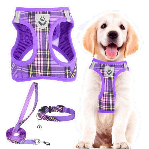 PUPTECK Adjustable Dog Harness Collar and Leash Set Step in No Pull Pet Harness for Small Medium Dogs Puppy and Cats Outdoor Walking Running, Soft Mesh Padded Reflective Vest Harnesses, Purple S