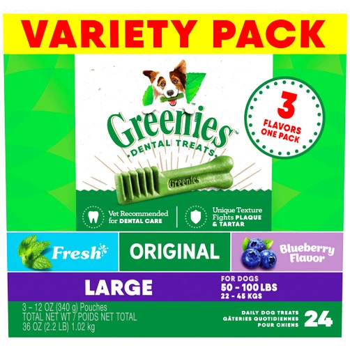 Greenies Large Natural Dental Care Dog Treats, 3-Flavor Variety Pack, (3) 12 oz. Pouches, 24 Total Treats
