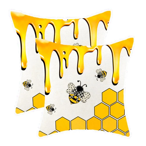 AEIOAE Summer Outdoor Pillow Covers 18 x 18 Inch, Mustard Yellow Bumble Bee Seasonal Decor Throw Pillows for Home Couch Bed, Honeycomb Farmhouse Decorative Pillowcase Linen Cushion Cover Set of 2