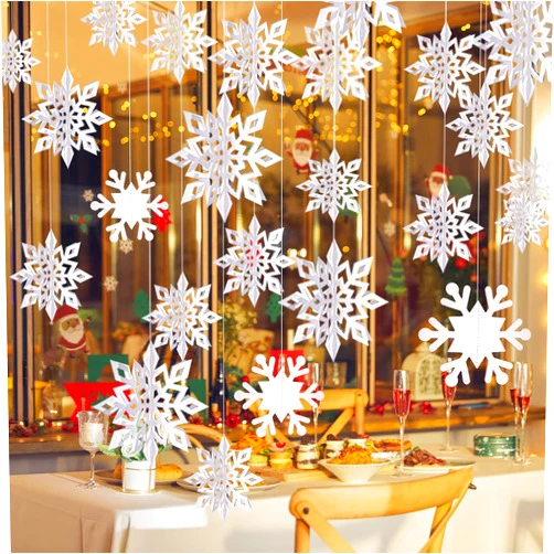 Ptyfavor 12PCS Winter Christmas Snowflakes Hanging Decorations - 3D White Paper Snowflake Garland with Snowflake Banner for Christmas Holiday Winter Wonderland Frozen Party Decorations