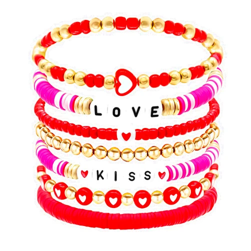 Ronglry Valentines Bracelet for Women Clay Bead Bracelet Heishi Surfer Bracelets Set Love Heart Valentines beaded Bracelets Bulk Cute Pink Red Stackable Stretch Bracelets for Valentines Accessories Jewelry Gifts